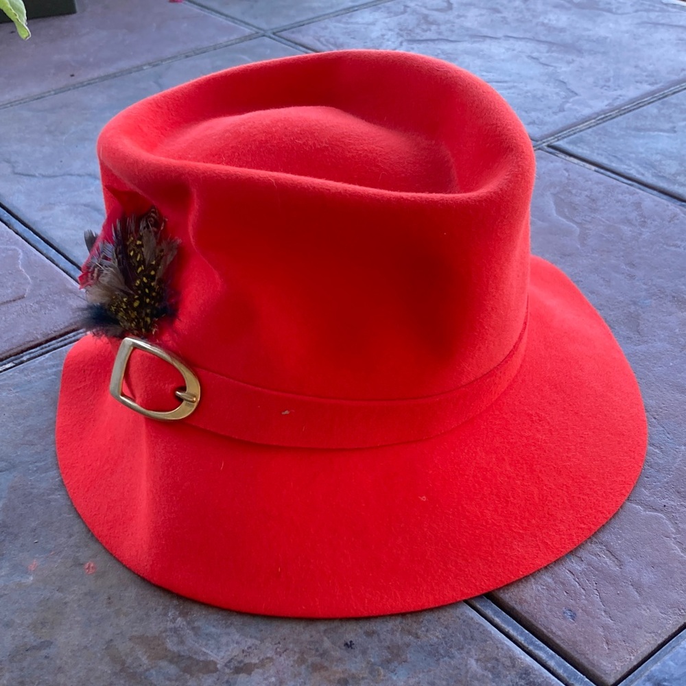 Vintage Adolfo MidCentury Scarlet Hat with Feather and Gold Buckle
